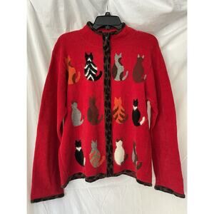 VTG Coldwater Creek Cat Sweater Full Zip Cardigan Women’s Large Red Leopard Trim
